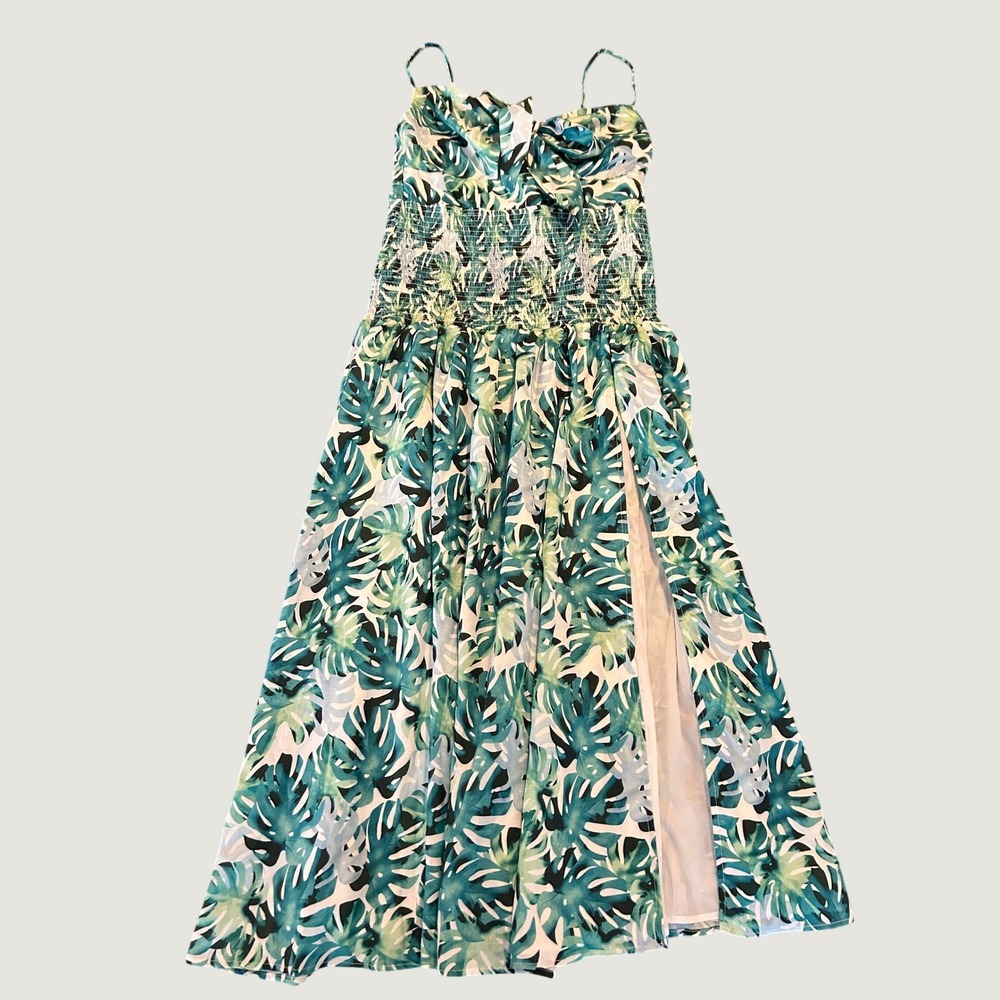 L'Atiste by Amy Tropical Palm Leaf Smocked Maxi Dress Teal White XL 1595